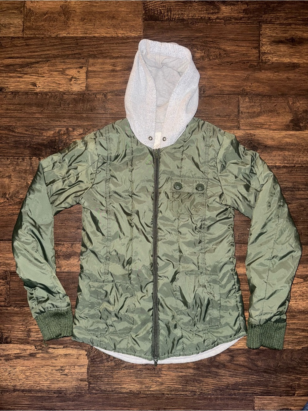 Vintage Roxy Army Green Hooded Bomber Jacket Size S